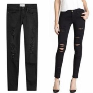 Frame Le Skinny De Jeanne Film Noir Black Distressed w Holes Rips, Size 29 Waist
